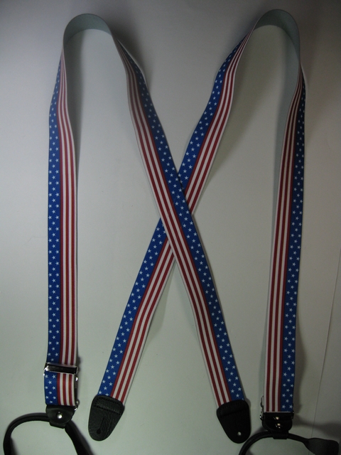 2" wide."X" Style. BUTTON-ON U.S. STARS AND STRIPES Suspenders. SIZES from 5' 1" to 6' 2" Height. (42" to 48" long Straps). Cotton/Polyester, hand washable-hang to dry Suspenders with Straps that are stretchable for entire length of the material with Genuine Leather ends and 2 Chrome Adjusters. X-UA120N-US#2